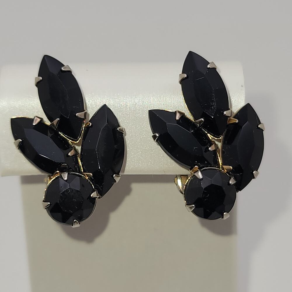 Vintage Signed WEISS Deep Jet-Black Rhinestone Cluster Clip-on Earrings